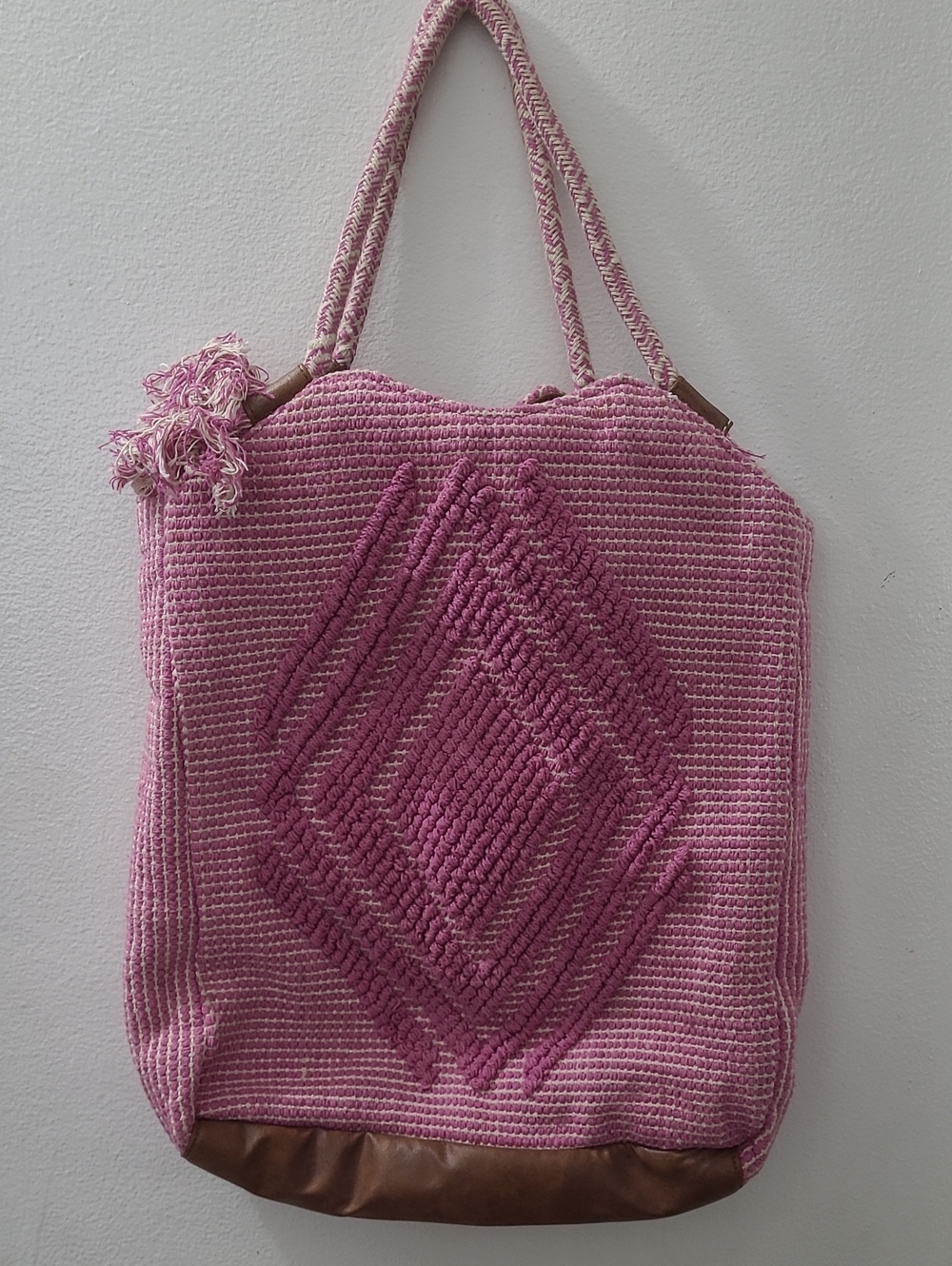 Nadia B Handcrafted Tote Pink Jacquard Boho Bohemian Bag Handbag Large 19” X 17”